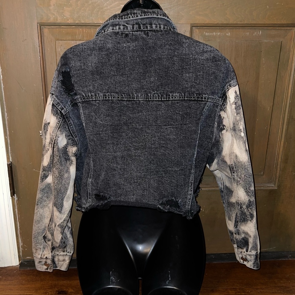 Black Distressed Punk Gray Acid Wash Sleeves Crop Moto Button Up Jacket Size S - Picture 5 of 12